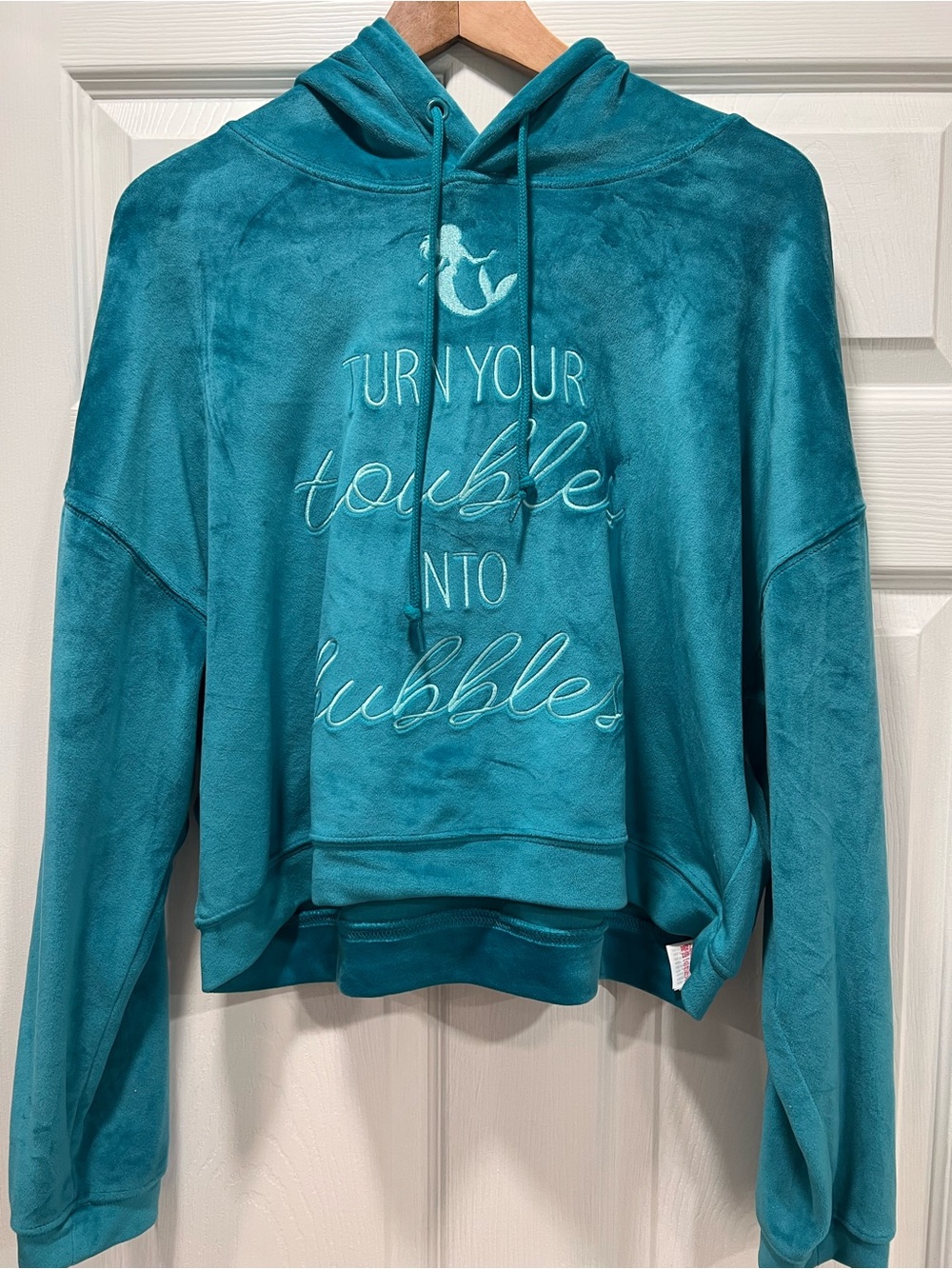 Disney Teal Pullover Hoodie with Embroidered Mermaid Text